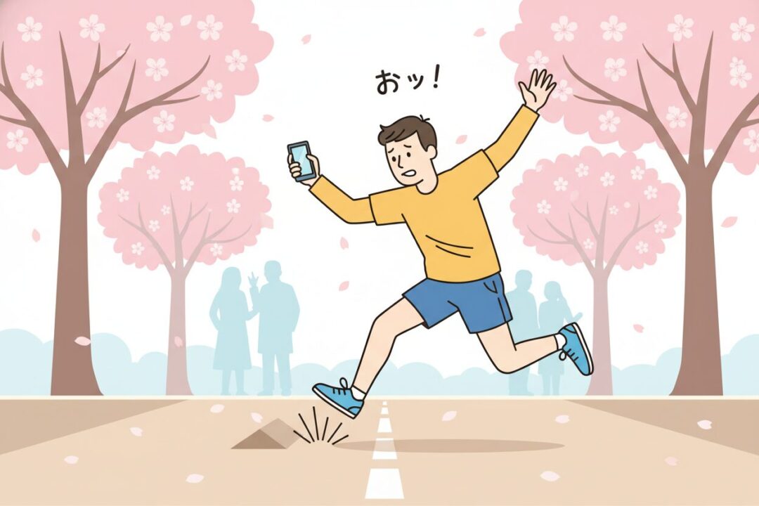 段差に躓いて焦るランナーのイラスト