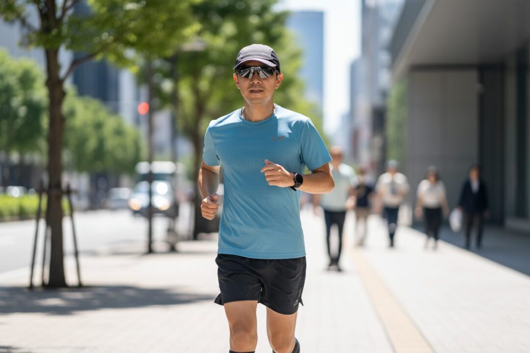 サングラスとキャップを被り、自分の世界に没頭して走るランナー