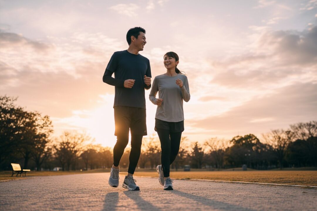 夕暮れ時に笑顔で並んでゆっくり走る40代の男女ランナー