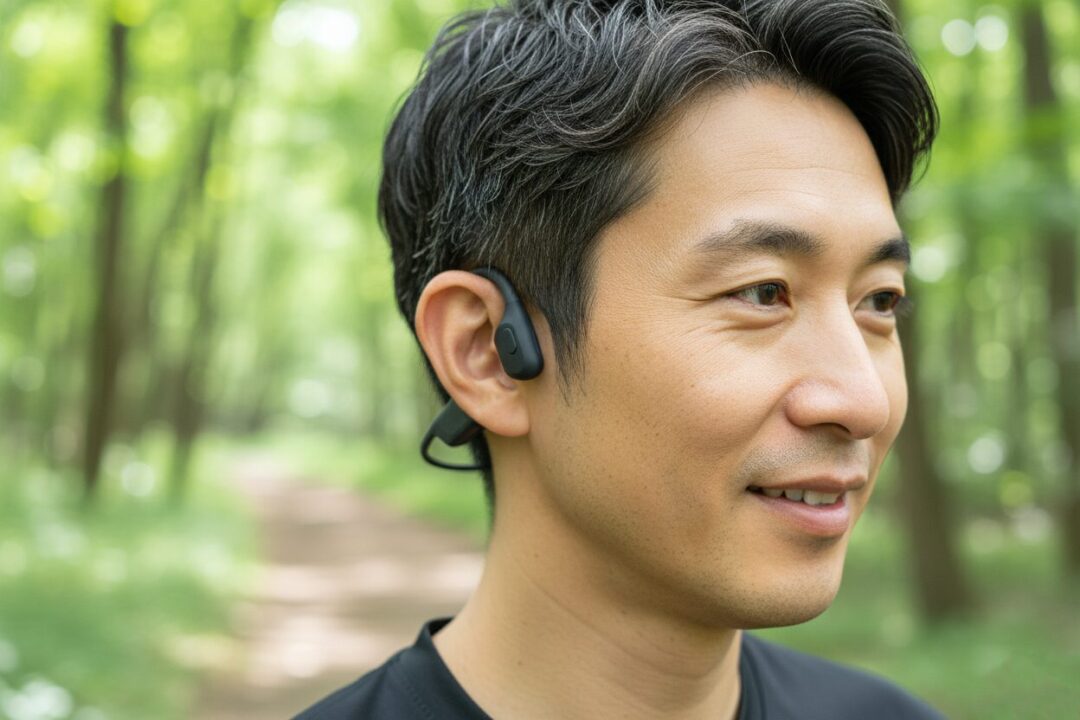 骨伝導イヤホンを装着して、晴れやかな表情で走る横顔