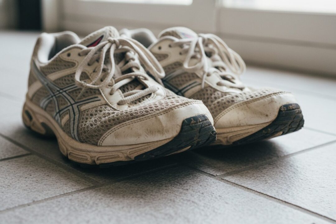 履き古され、かかとの外側が極端にすり減ったランニングシューズ