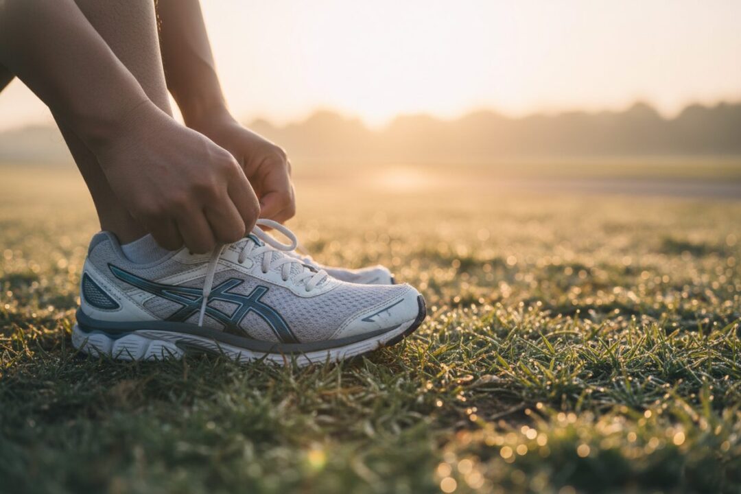 朝焼けの中でランニングシューズの紐を結ぶ40代ランナーの足元