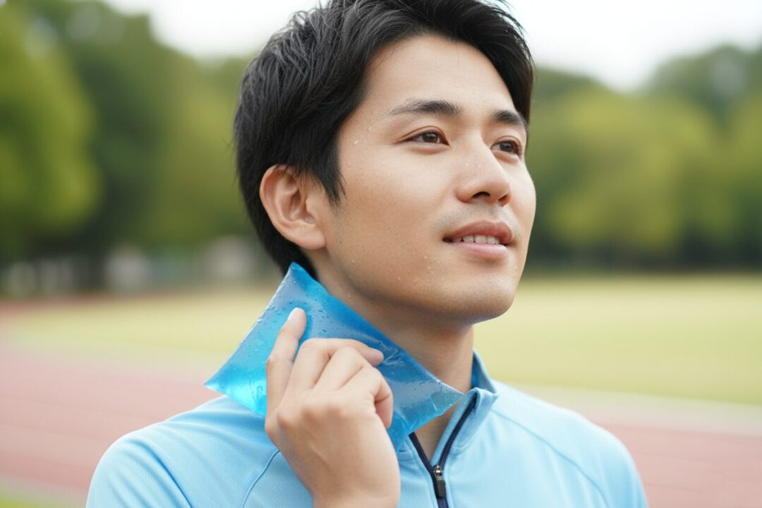 走り終えたランナーが首筋を保冷剤で冷やしている様子