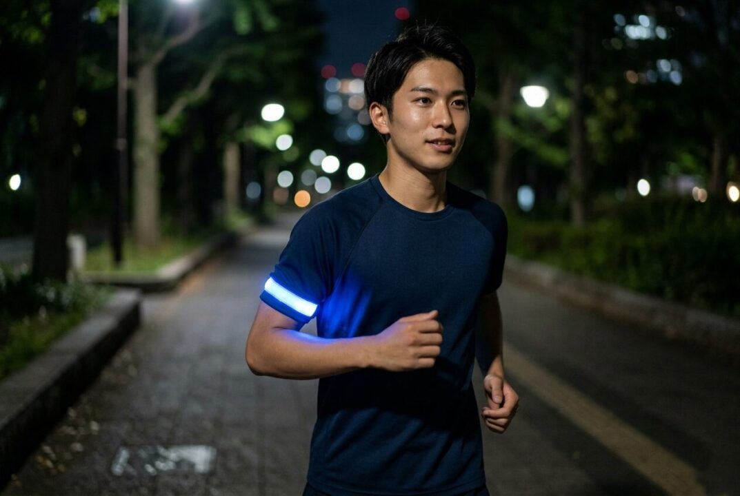 深夜のランニングでLEDアームバンドが光っている様子