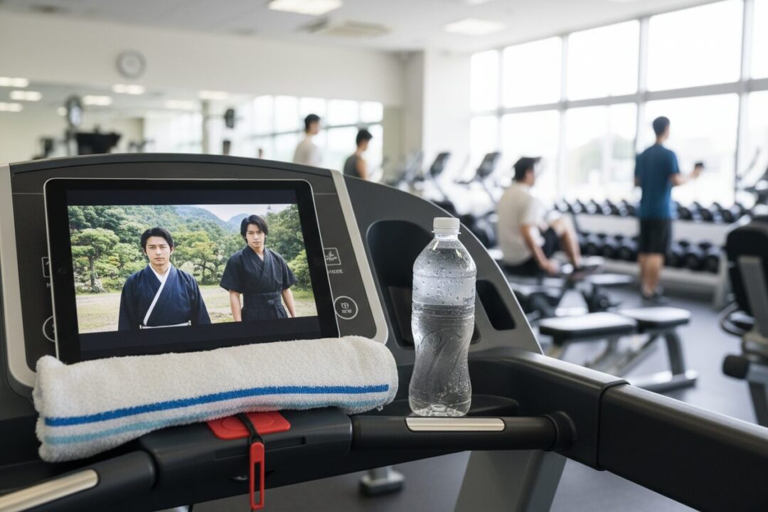 ジムのマシンにタブレットを置き動画を見ながら走る手元