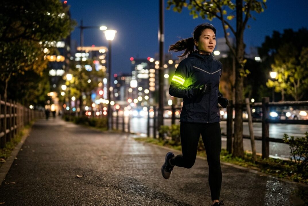 暗闇の中で明るく光るLEDライトを腕に巻いたランナーの姿