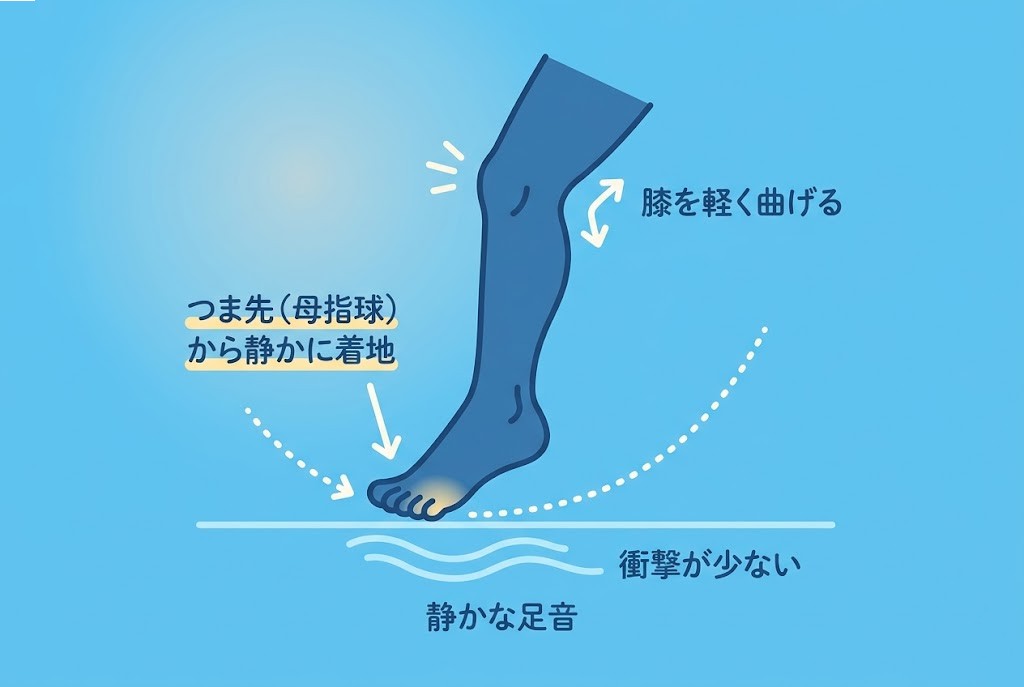 膝を曲げてつま先から着地する忍者歩きのシルエット図解