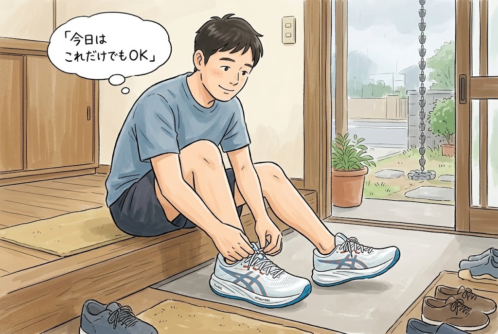 玄関で靴を履くだけでOKと自分を認めるランナー