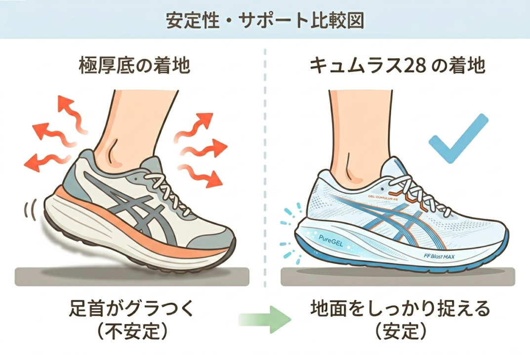 厚底シューズとキュムラス28の着地安定性の比較図解