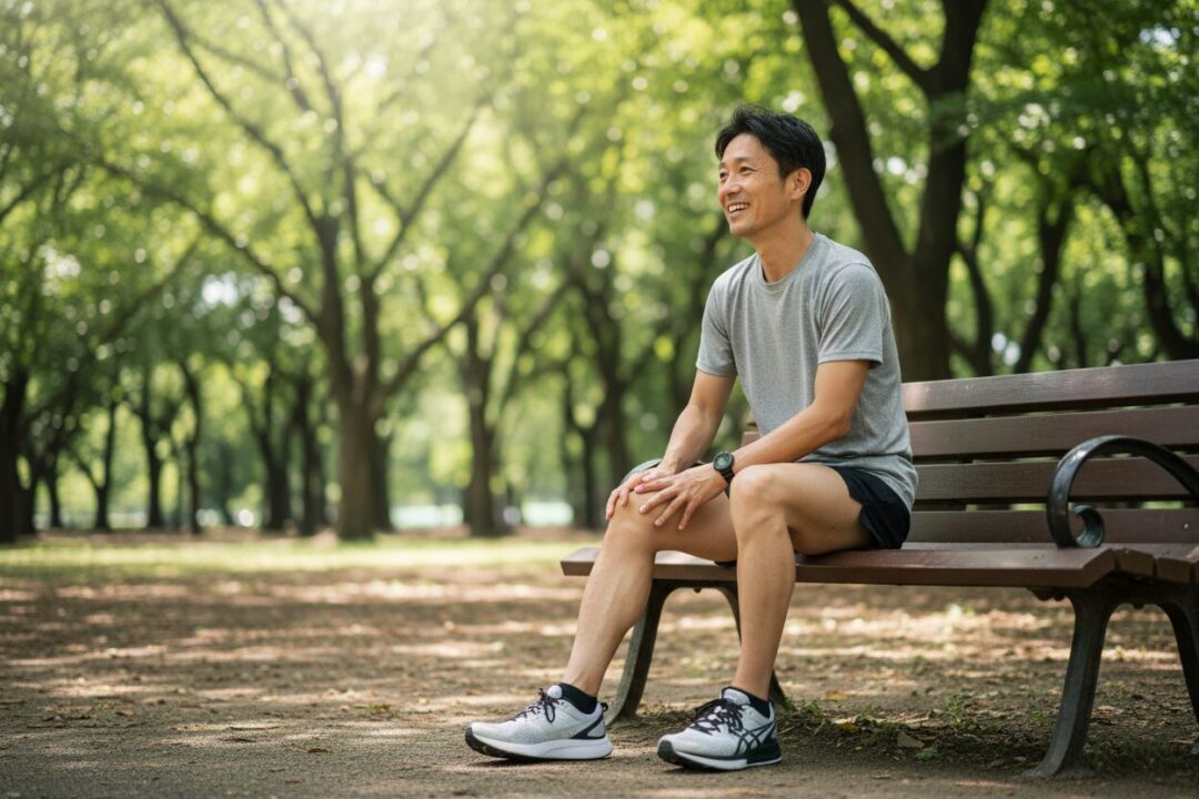 高級なランニングタイツを脱ぎ、軽やかな短パンで朝日を浴びてリラックスする40代男性ランナー
