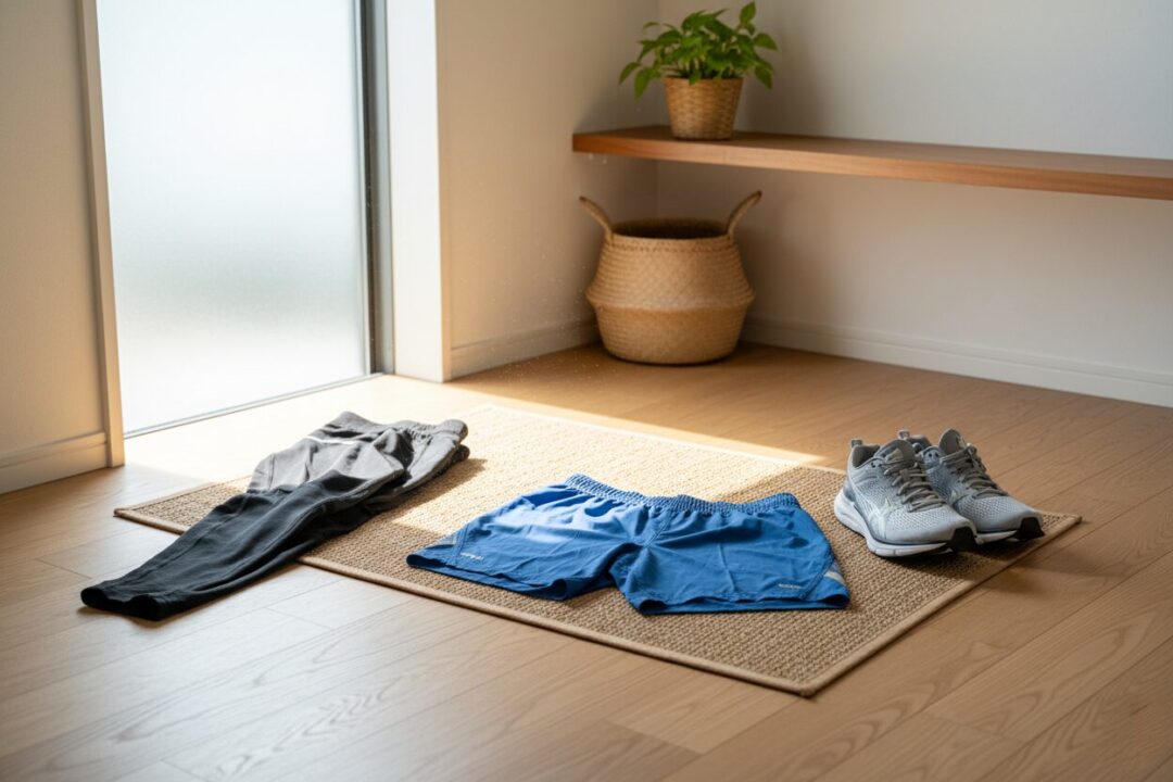 部屋の隅に置かれた高価なタイツと、すぐ手に取れるハーフパンツの比較