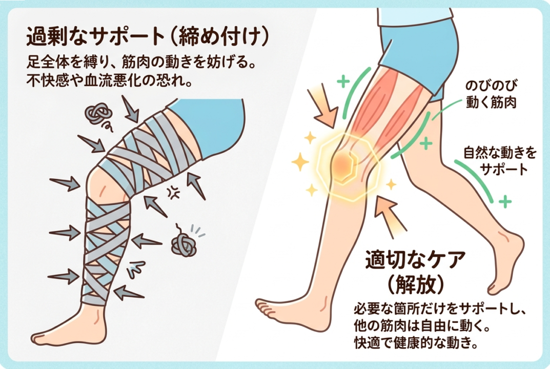 着圧タイツによる締め付けと、膝サポーターによる「解放」のメカニズム比較図