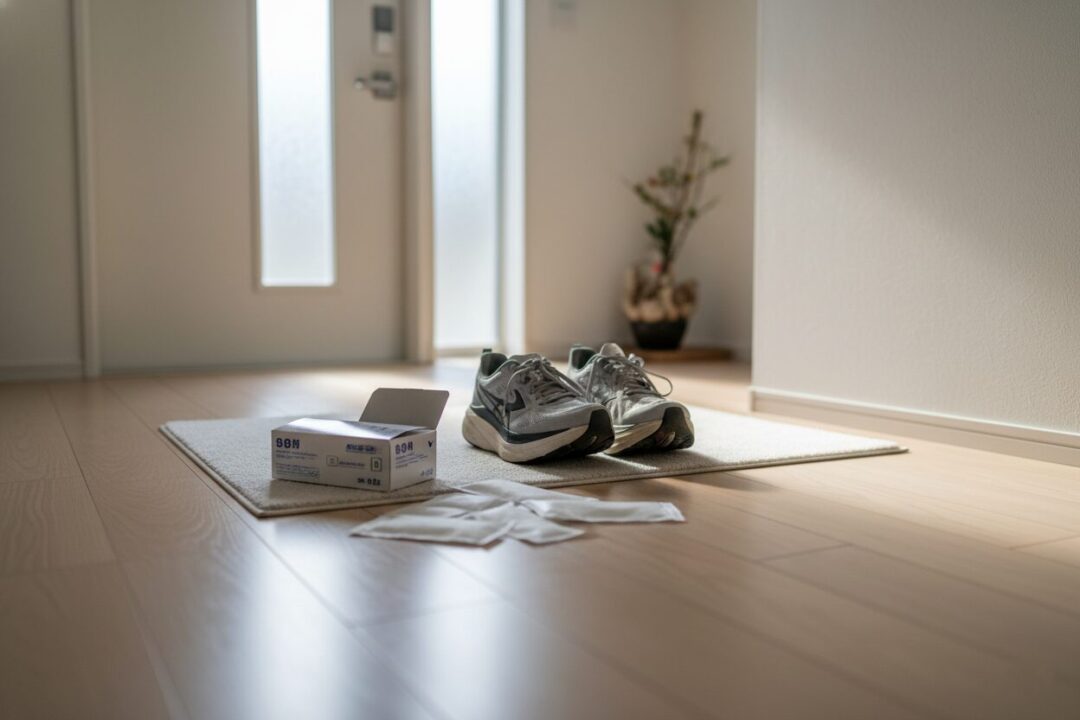 玄関に置かれた最新の厚底ランニングシューズと、その横にある湿布の箱。