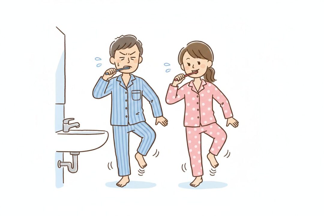 歯磨きをしながらフラフラと片足立ちをするランナーのイラスト。