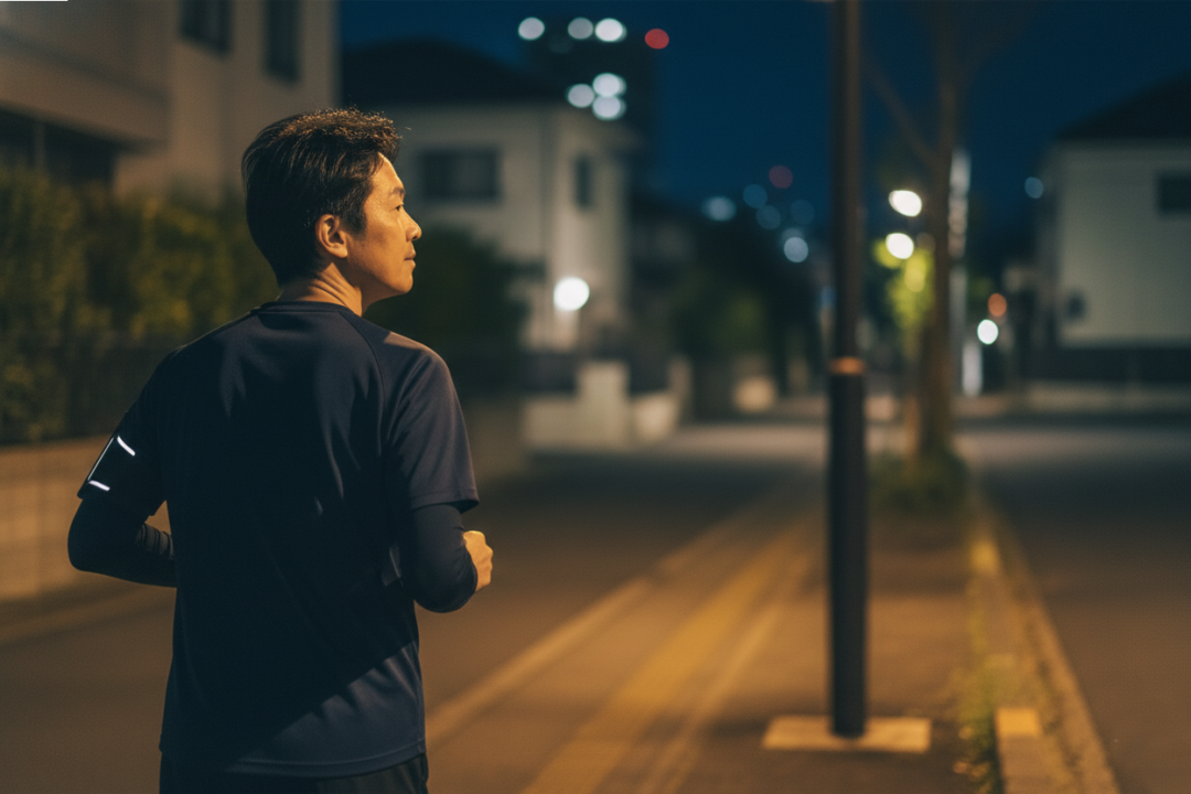 夜の街灯の下、穏やかな表情でゆっくりと走る40代の男性ランナー。夜ランの習慣化をイメージ。