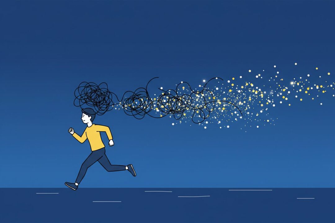 走る足跡とともに、頭の中のモヤモヤやストレスが消えていくイメージイラスト。
