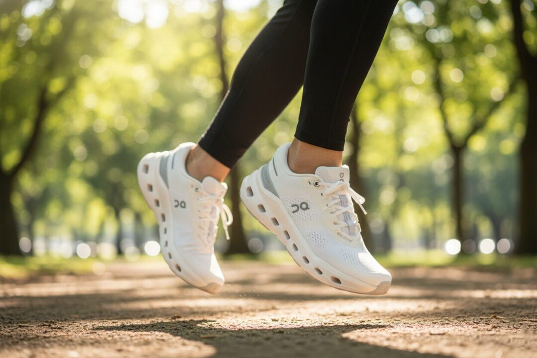 On Cloudrunner 3を履いて公園の遊歩道を軽快に走り出すランナーの足元