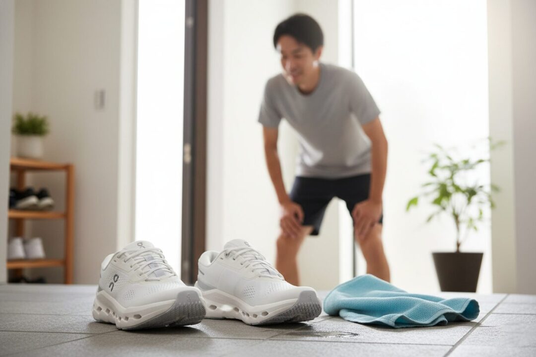 玄関に置かれたCloudrunner 3と、走り終えた後の爽やかな汗が伝わる自撮り