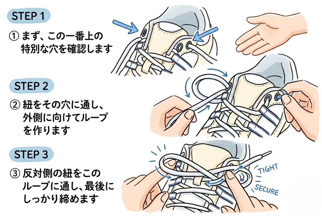 シューズの一番上の穴を活用するヒールロック結びの手順図
