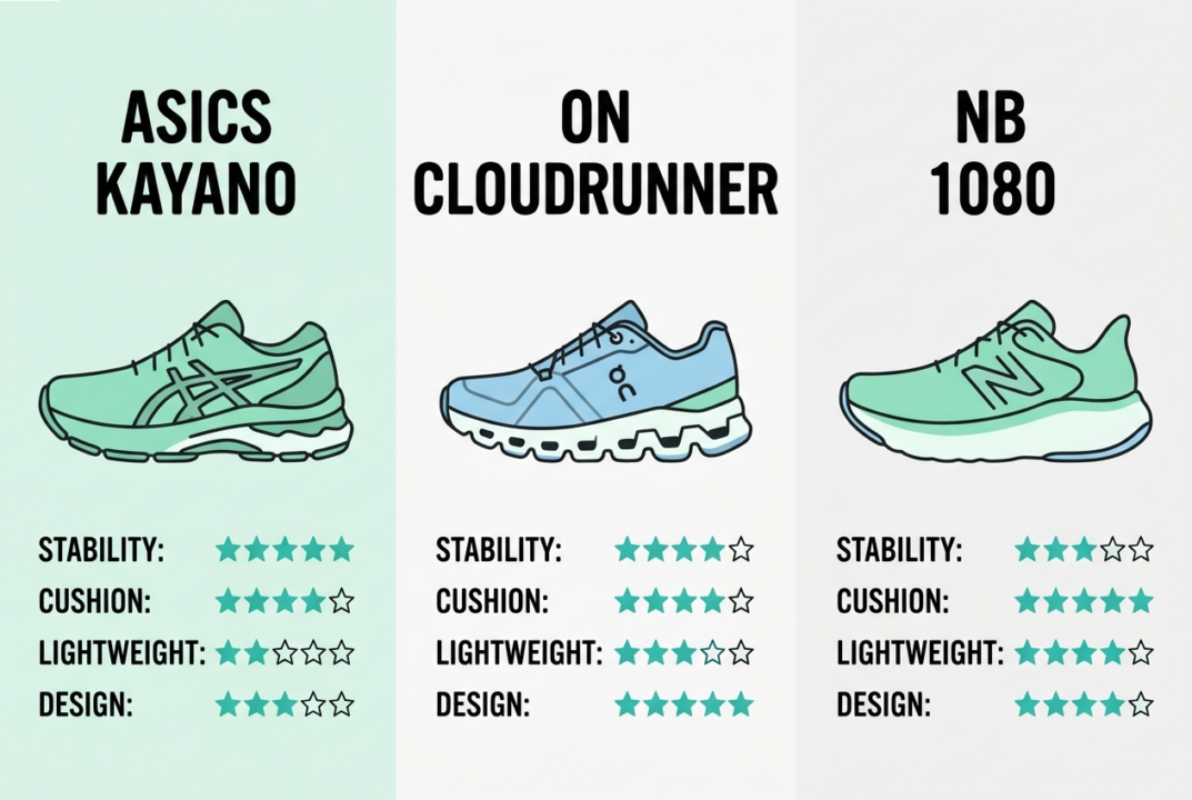 Cloudrunner 3、アシックス ゲルカヤノ、NB 1080の3足の性能比較チャート