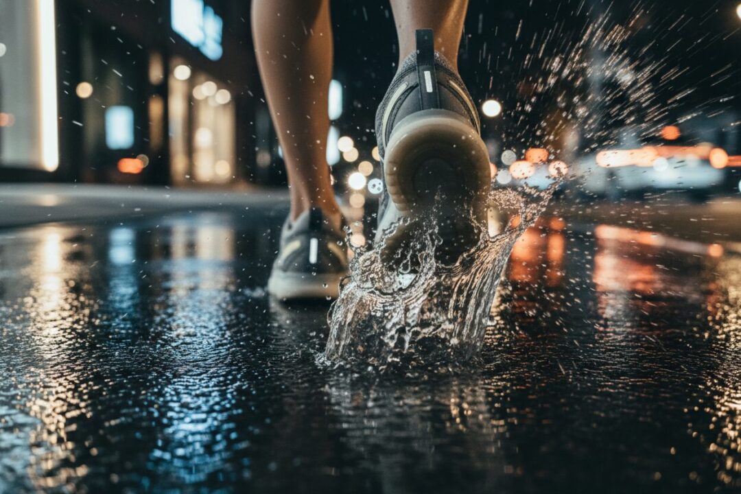 雨の日のアスファルトで水しぶきを上げて走るランニングシューズのクローズアップ