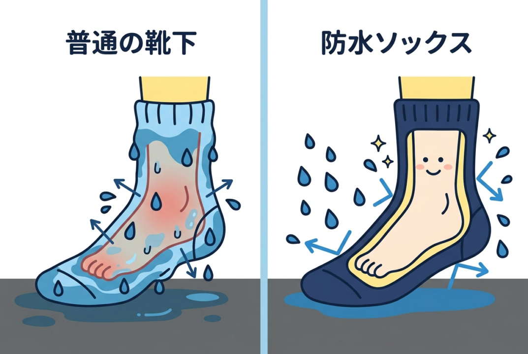 雨の日の足元対策：防水ソックスと防水スプレーの効果を比較した図解