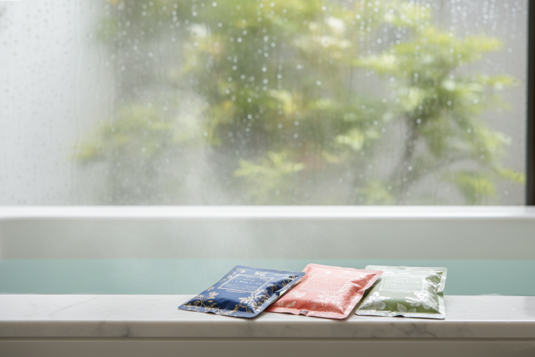 雨のランニング後に湯気が立つお風呂と、ちょっと贅沢な入浴剤のパッケージ