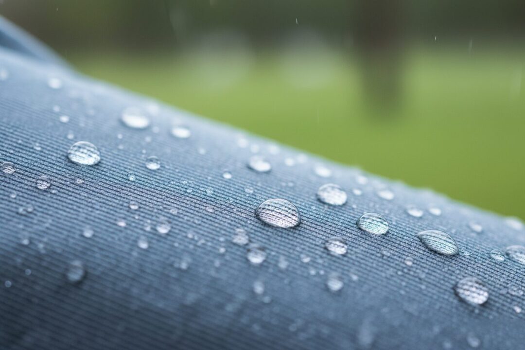 最新の撥水ランニングジャケットが雨粒をコロコロと弾いている表面のアップ
