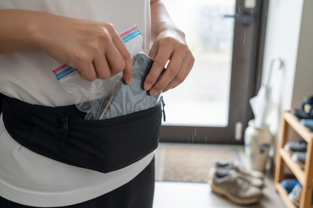 ジップロックに入れたスマートフォンをランニングポーチに収納する手元の写真