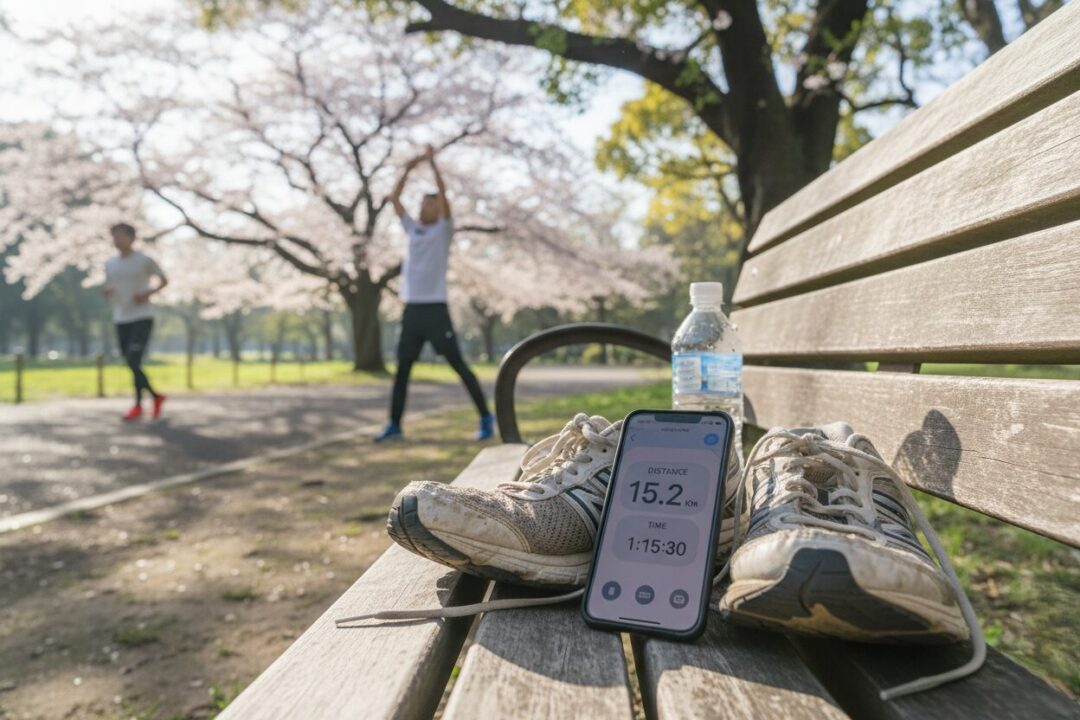 朝日の差し込む公園のベンチに置かれた、計測中のスマホと使い込まれたランニングシューズ