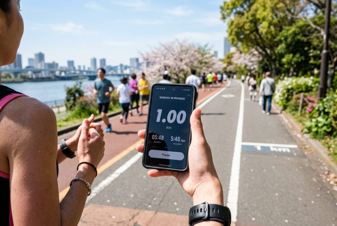 スマホの画面に表示された「1km」の文字と、それを見てガッツポーズをするランナーの手元