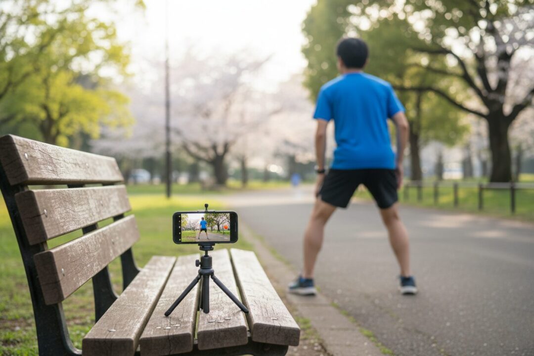 朝日の差し込む公園で、スマホ三脚に向かって走り出すランナーの背中