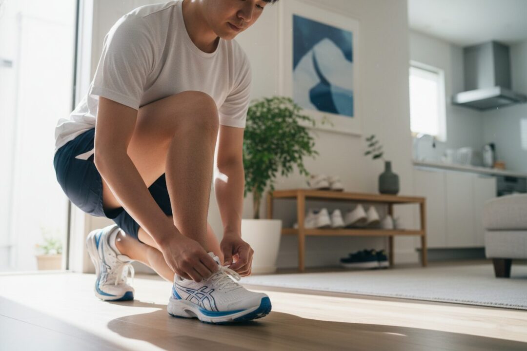 朝の光の中で清潔なランニングウェアを着て走り出す準備をするランナーの姿