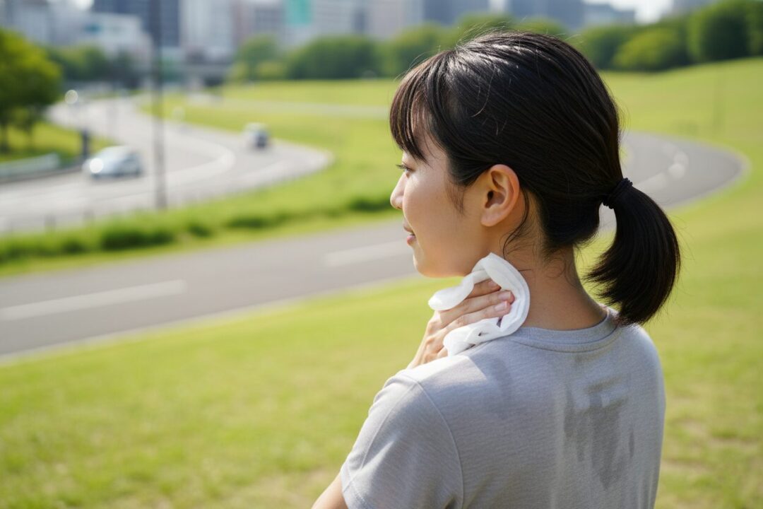 走り終えて汗だくのまま、首筋をボディーシートで拭き取っているランナーの自撮り風写真