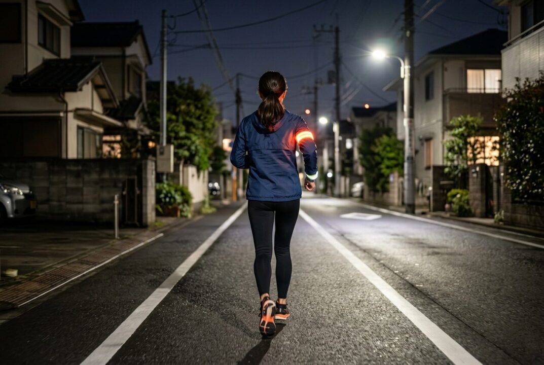 暗い夜道で、高輝度LEDライトと反射材を身につけて走るランナーの後ろ姿。
