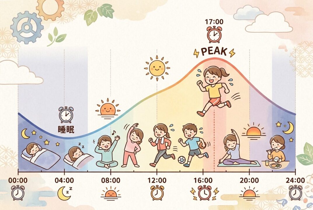 体内時計と体温・運動能力の関係を示す、初心者にも分かりやすい比較グラフ図。
