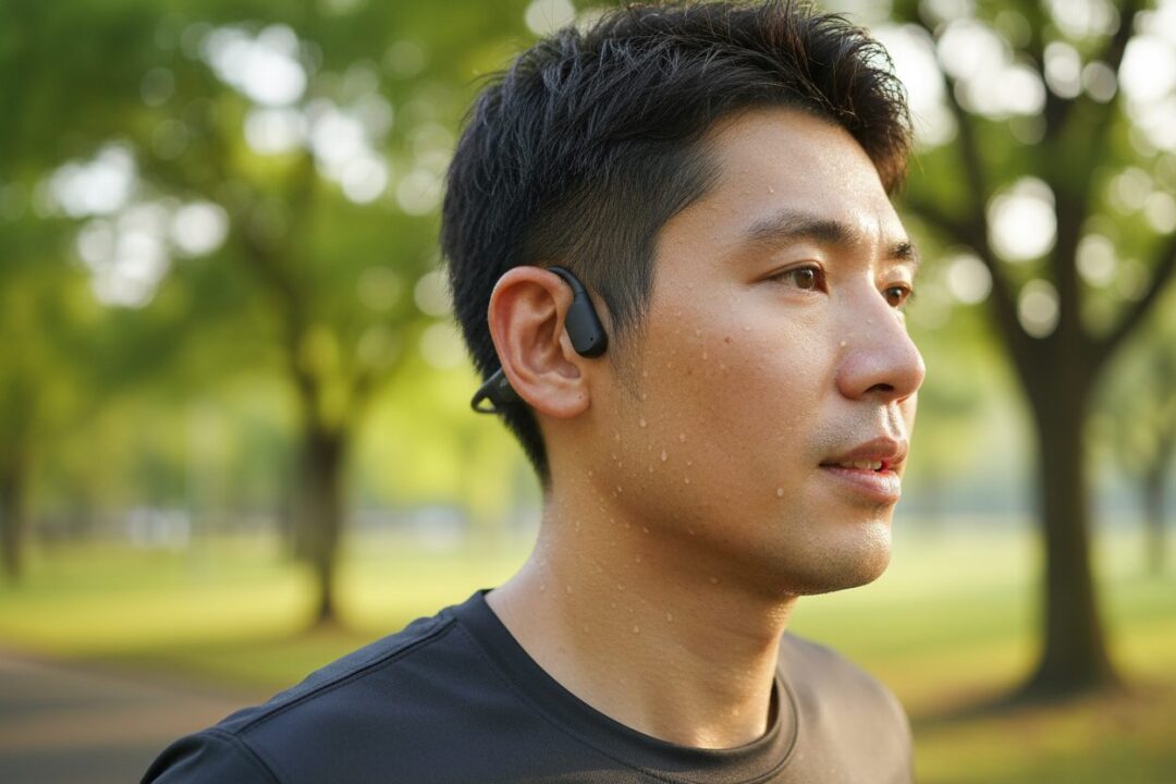 朝日を浴びながら骨伝導イヤホンを装着して走るランナーの横顔