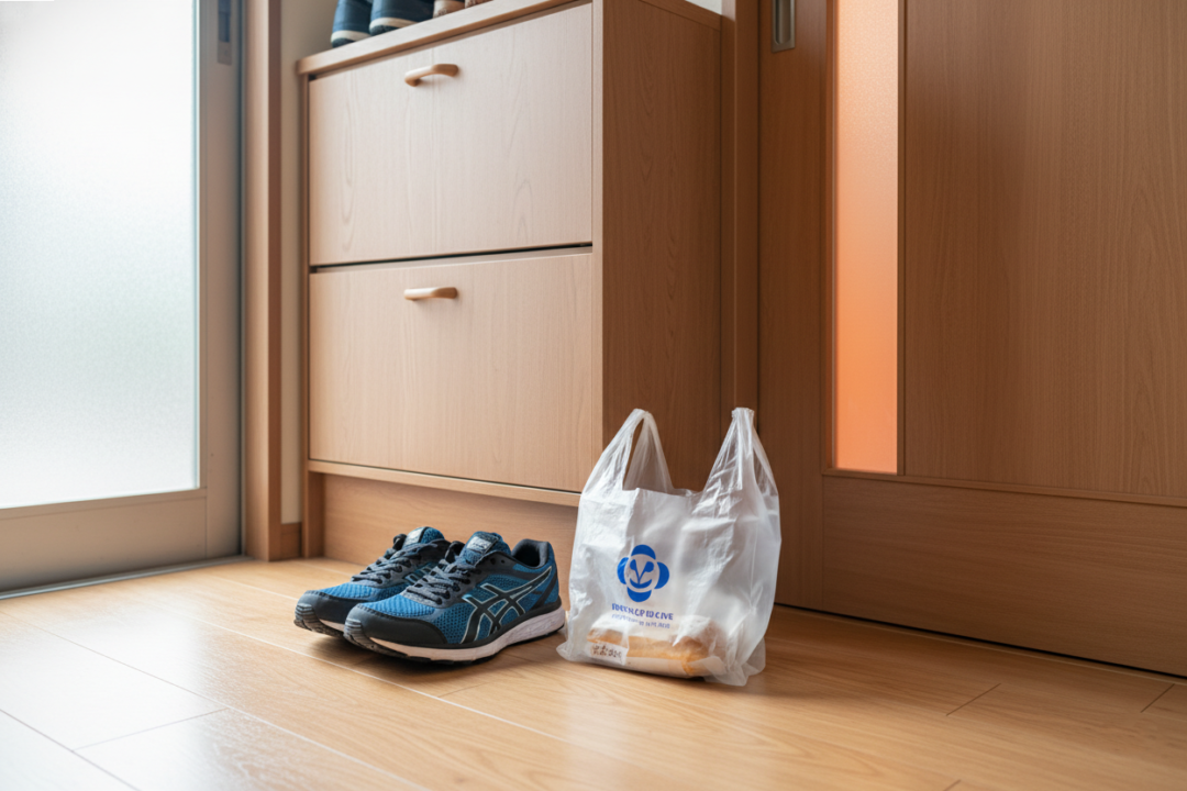 夜の玄関でランニングシューズの横にコンビニスイーツが置かれた様子