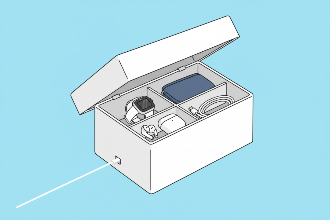 蓋付きボックスの中に整理されたランニング小物