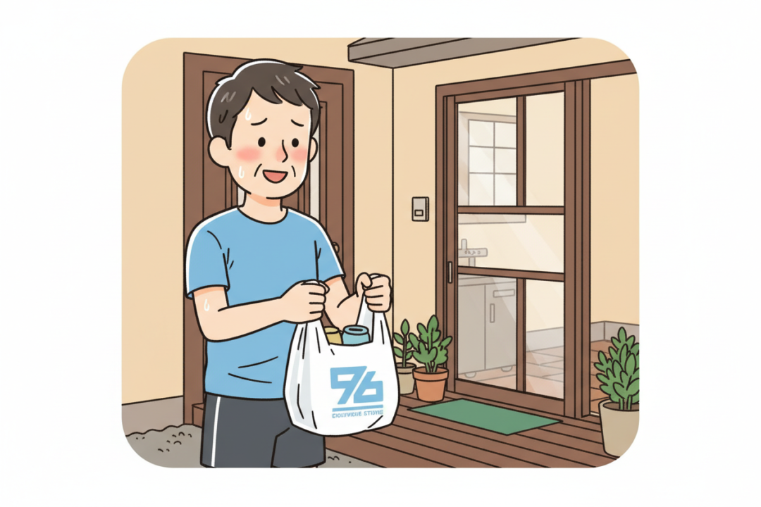 汗だくの男性がコンビニ袋を差し出す自撮り