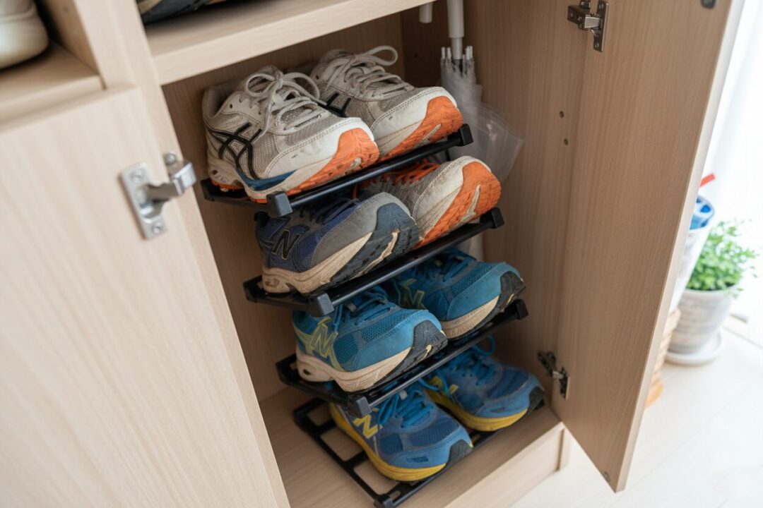 ダイソーの角度調節ラック（黒）を使い、下駄箱の奥に「密かに」並べられた厚底シューズの様子