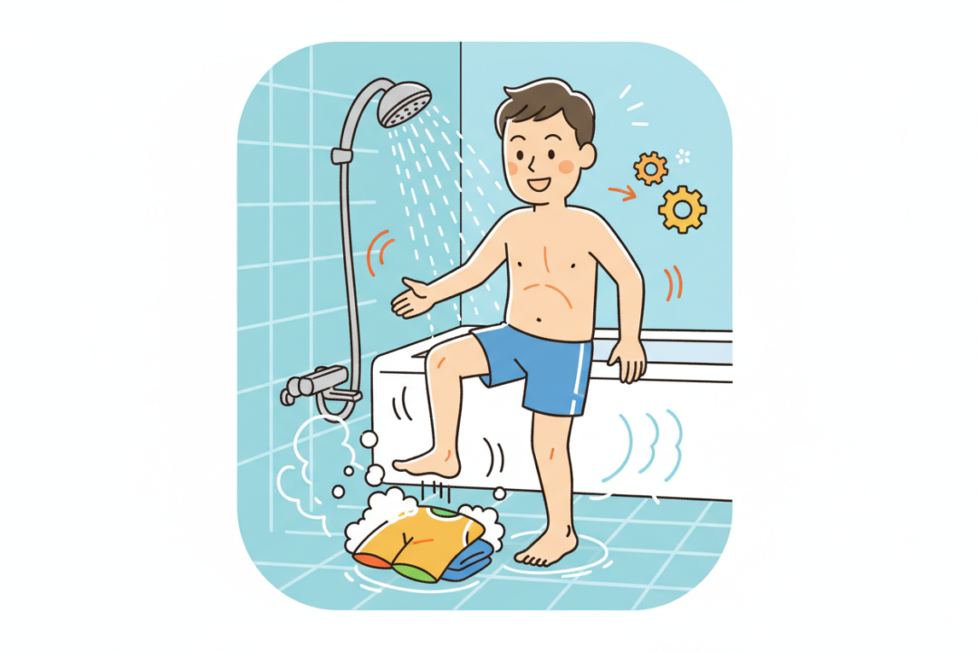 シャワーを浴びながらウェアを足踏み洗いする男性