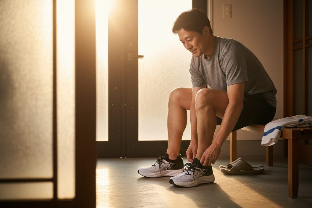 玄関でランニングシューズを脱ぎ、安堵した表情でリラックスする40代男性