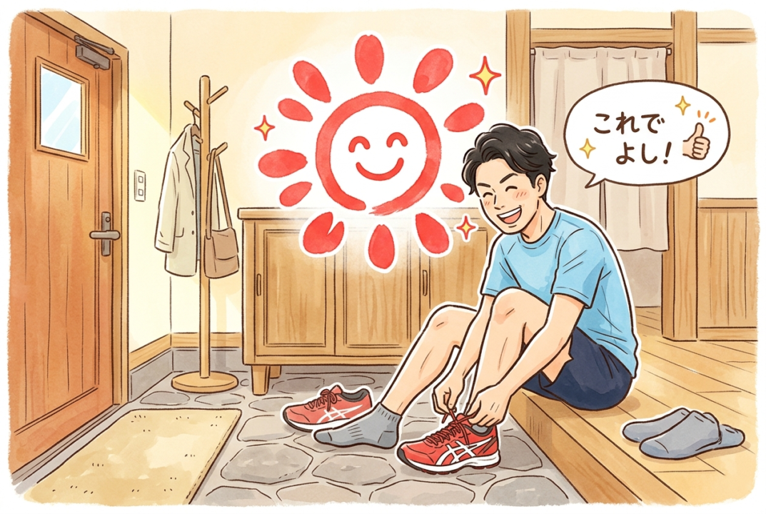 玄関で靴を履いただけで自分に大きな花丸をつけている初心者の図解