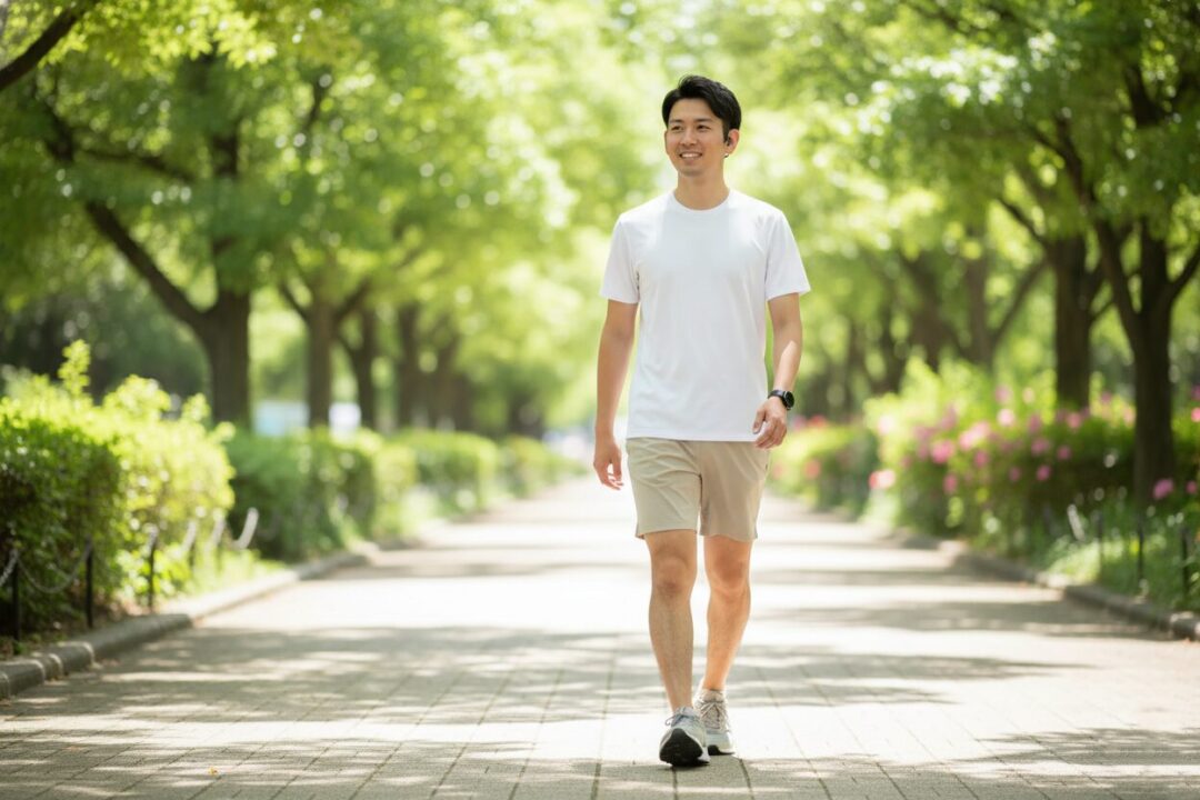 開放型の骨伝導イヤホンをつけ、音楽を楽しみながら歩く男性の横顔