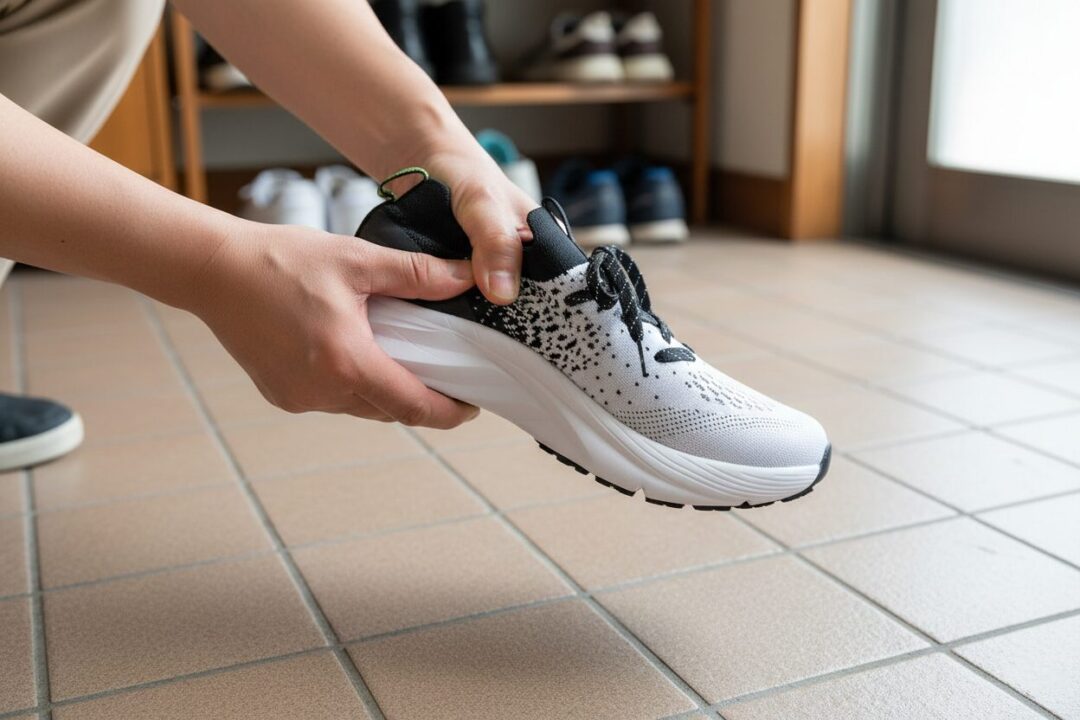 ワークマンのシューズを手で曲げて柔らかさを確認する様子