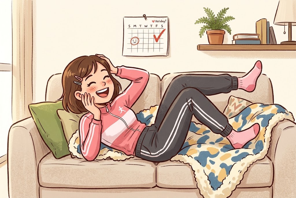 カレンダーを見ながらソファで休養をとるランナーのイラスト