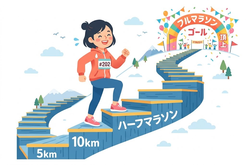 ハーフマラソンを経由してフルマラソン完走を目指すステップアップのイラスト