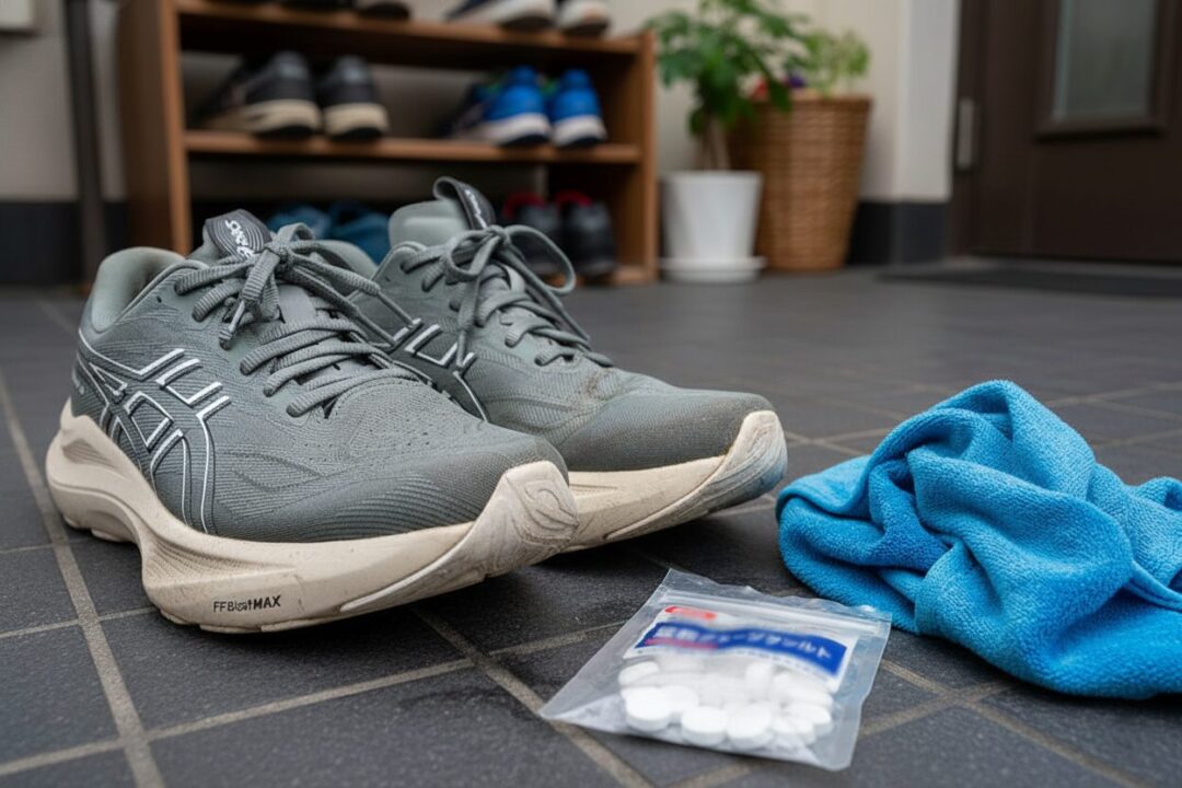 あさひが愛用する使い込まれたランニングシューズと100均の冷感タオル