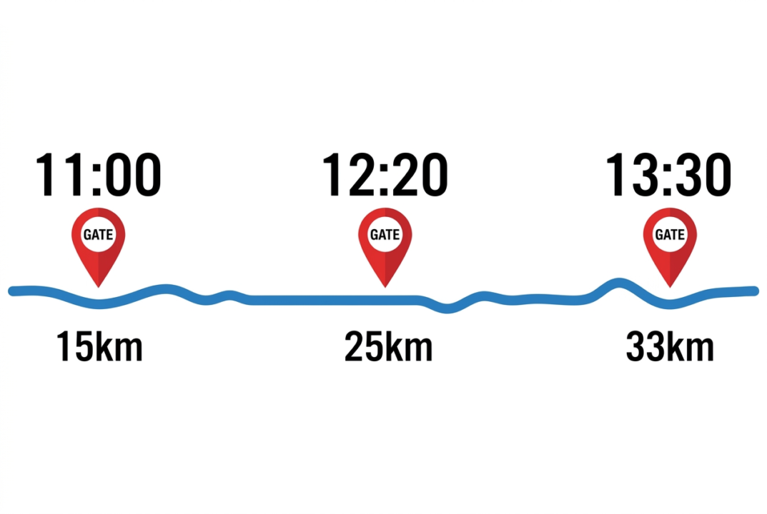 新川通（15km〜33km）の高低差と関門時間をイメージした図解